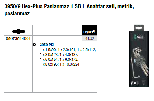 3950-9 Hex-Plus Paslanmaz 1 SB L Anahtar seti, metrik, paslanmaz